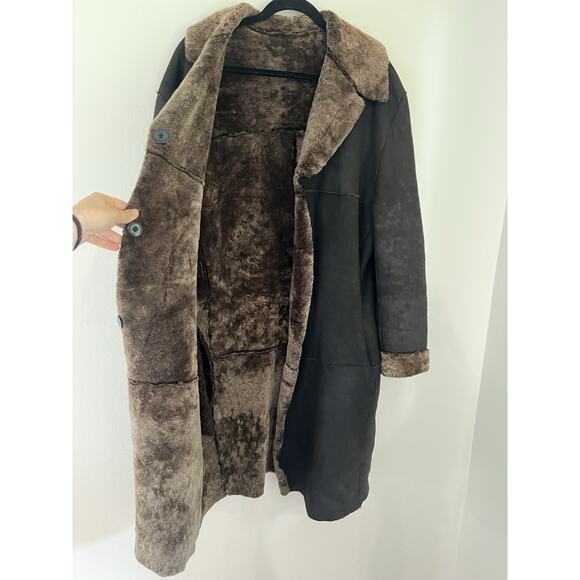 Schott NYC Long leather Shearling Fur Coat Collared Black Unisex Reversible Sz L - Picture 5 of 11